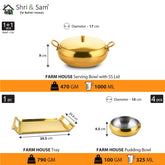 Stainless Steel Farm House Serving Set, Golden | 1 Big Serving Bowl With Lid, 1000ml + 4 Small Bowls+ 1 Tray